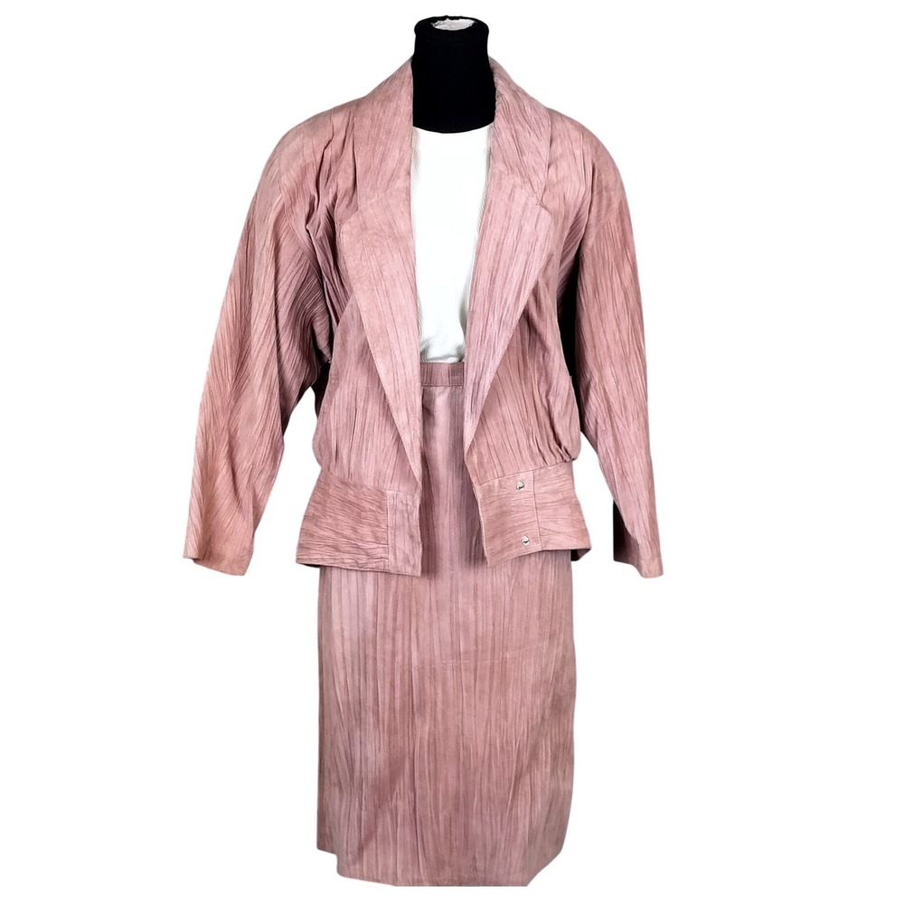 Vintage Leather Skirt Suit and Jacket Women 8 Pink 80s 2-Piece Leather Attic